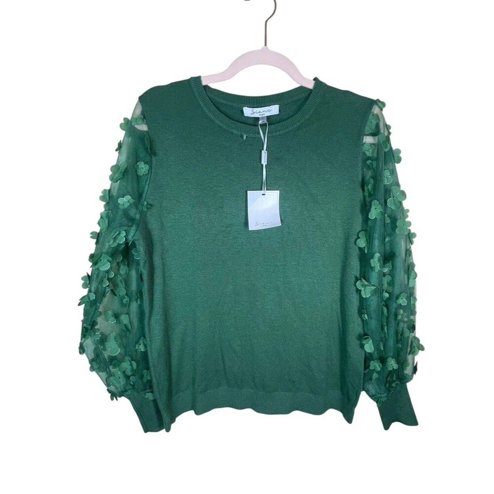 Sioni Milano Women's‎ Green Crew Sweater Sheer Sleeves Flower Embellished Size L
